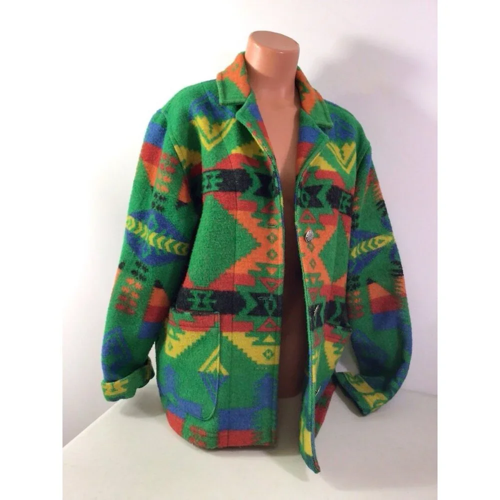 Chico's Multicolor Geometric Wool-Blend Pea Coat in Green - Picture 3 of 7